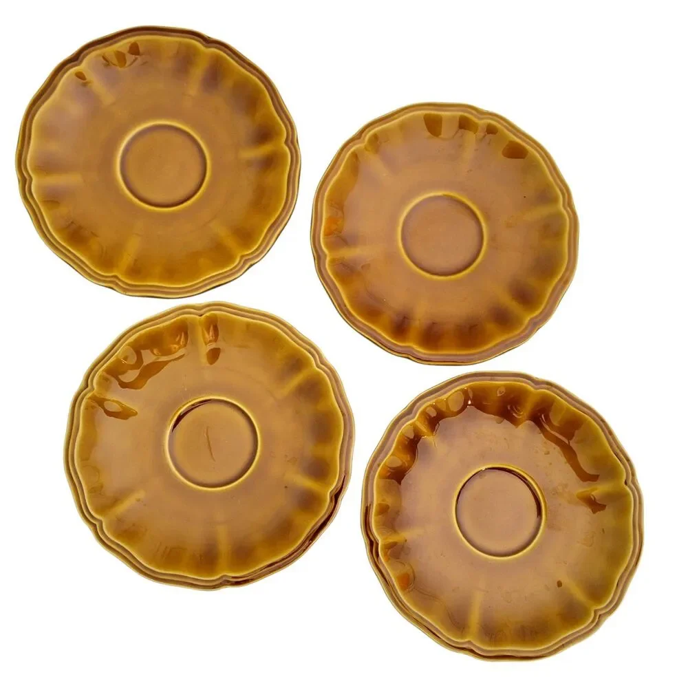 Amber Brown Ceramic Teacup and Saucer Set - 4-Piece